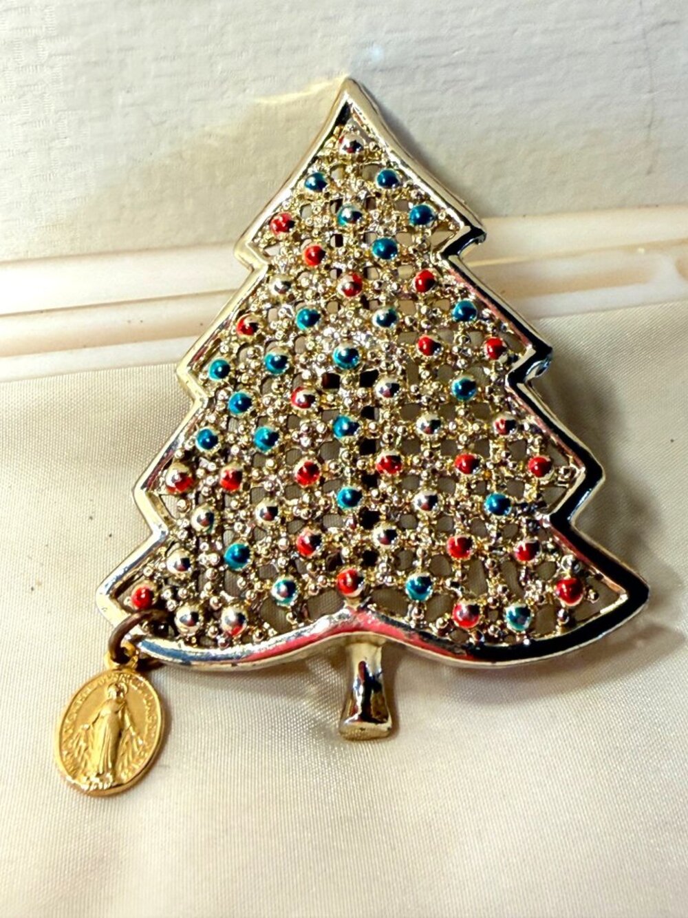 Christmas Tree Brooch Miraculous Medal Gold Tone Red Teal Retro 2"